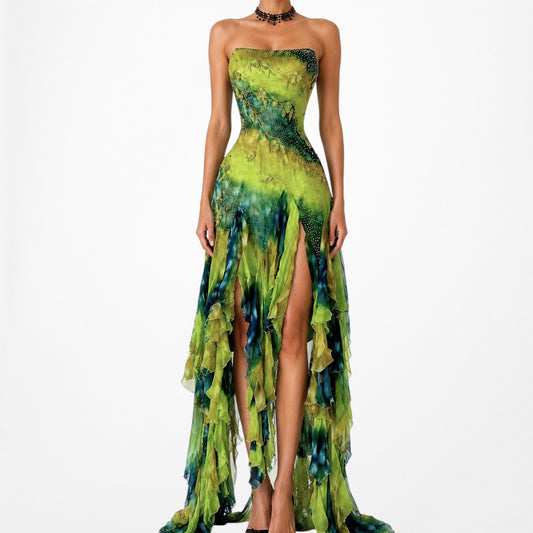 Vintage Silk Green Blue Strapless Floral Beaded Bustier Corset Ruffle Midi Cocktail Prom Dress Size S/M