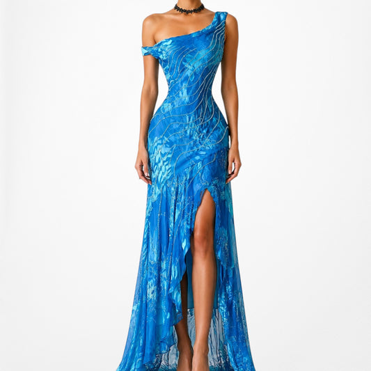 Vintage Silk Blue Beaded Ruffle High Low Midi Formal Prom Dress Size S/M