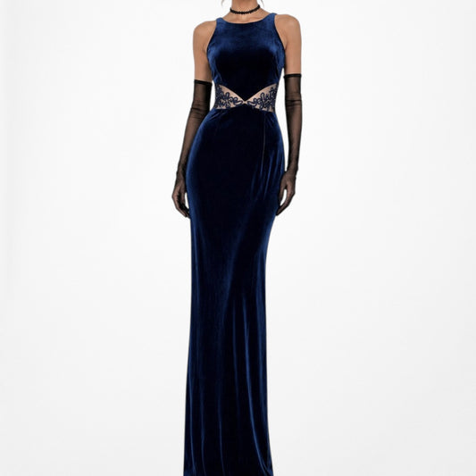 Vintage Blue Velvet Floral Mesh Cutout Maxi Bodycon Formal Cocktail Dress Size S/M