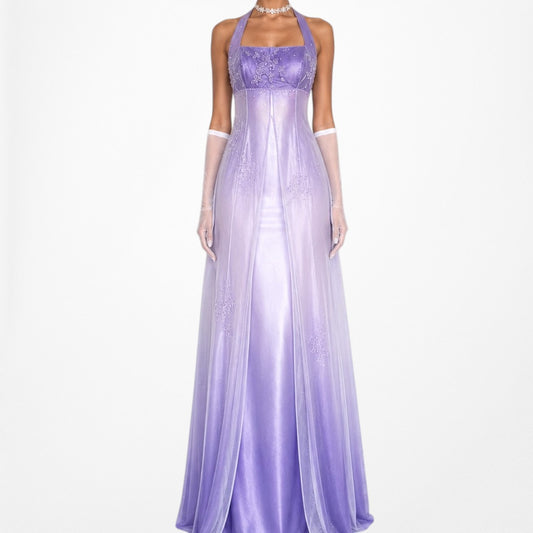 Vintage Y2K Purple Ombre Floral Beaded Mesh Satin Maxi Prom Dress Size XS/S