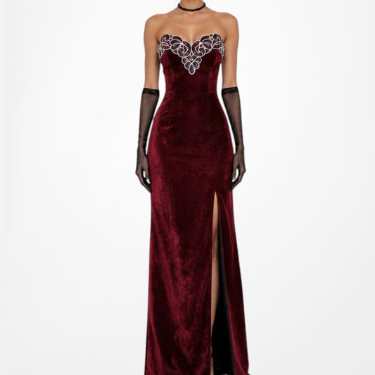 Vintage Burgundy Red Strapless Sequin Beaded Velvet Bodycon Maxi Slit Formal Prom Dress Size S