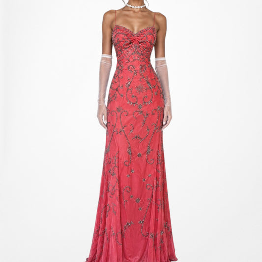 Vintage Y2K Salmon Pink Beaded Mesh Bodycon Maxi Formal Prom Dress Size XS/S