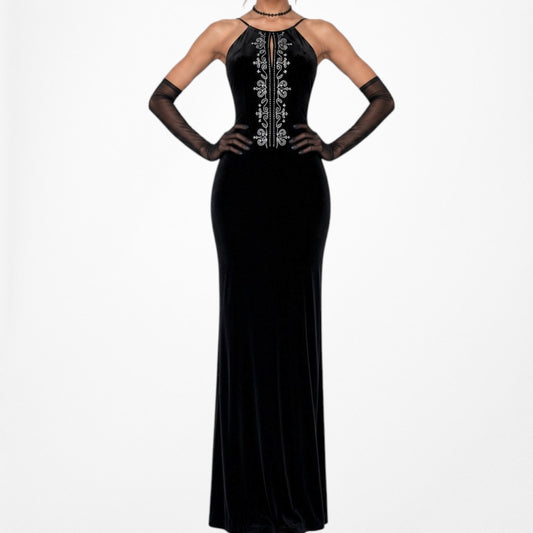 Vintage Black Velvet Beaded Embroidered Bodycon Maxi Prom Formal Dress Size S