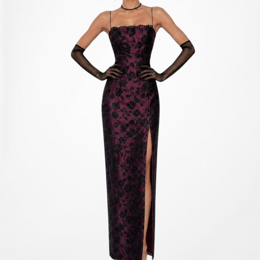 Vintage Black Burgundy Red Floral Velvet Side Slit Mesh Bodycon Maxi Cocktail Formal Prom Dress Size M/L
