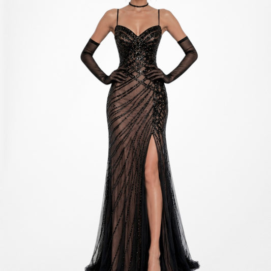 Vintage Y2K Brown Black Beaded Mesh Maxi Bodycon Side Slit Prom Dress Size M/L