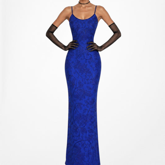 Vintage Blue Floral Beaded Silk Cutout Bodycon Maxi Formal Prom Dress Size S