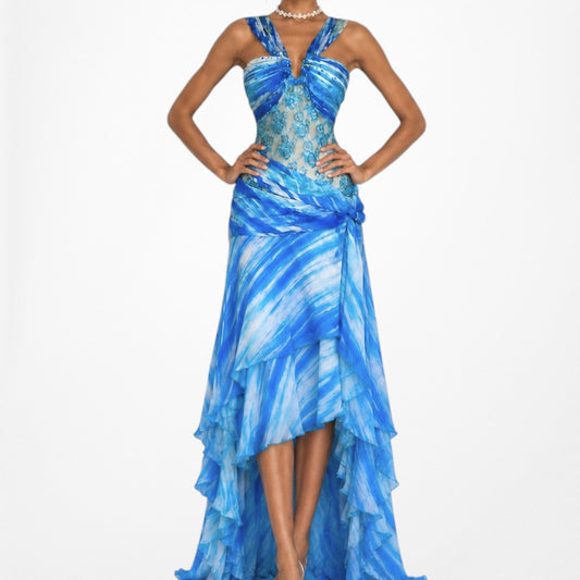 Vintage Y2K Blue Floral Beaded Mesh Asymmetric Ruffle Midi Prom Dress Size L/XL