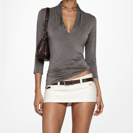 Vince Camuto Gray Knit 3/4 Sleeves Pullover Casual V-Neck Fitted Top Size M