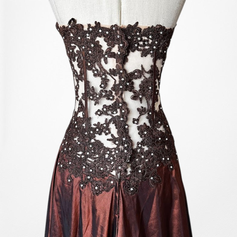 Vintage Y2K Brown Satin Lace Mesh Beaded Strapless Side Slit Maxi Prom Dress Size M/L