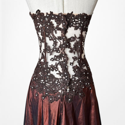 Vintage Y2K Brown Satin Lace Mesh Beaded Strapless Side Slit Maxi Prom Dress Size M/L