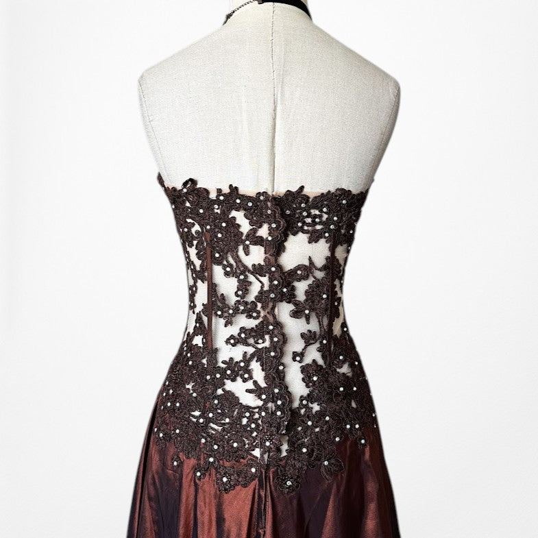 Vintage Y2K Brown Satin Lace Mesh Beaded Strapless Side Slit Maxi Prom Dress Size M/L