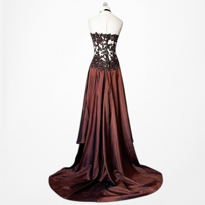 Vintage Y2K Brown Satin Lace Mesh Beaded Strapless Side Slit Maxi Prom Dress Size M/L