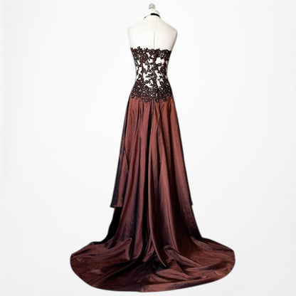 Vintage Y2K Brown Satin Lace Mesh Beaded Strapless Side Slit Maxi Prom Dress Size M/L
