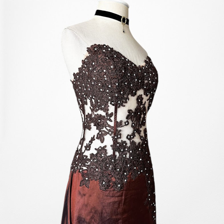Vintage Y2K Brown Satin Lace Mesh Beaded Strapless Side Slit Maxi Prom Dress Size M/L