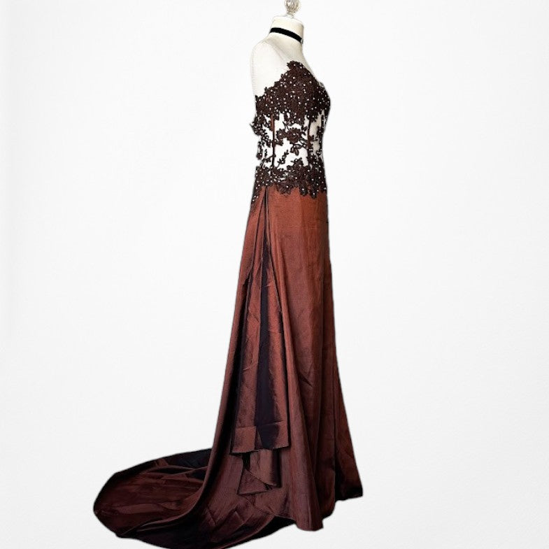 Vintage Y2K Brown Satin Lace Mesh Beaded Strapless Side Slit Maxi Prom Dress Size M/L