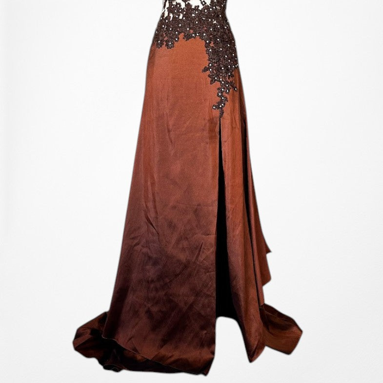 Vintage Y2K Brown Satin Lace Mesh Beaded Strapless Side Slit Maxi Prom Dress Size M/L