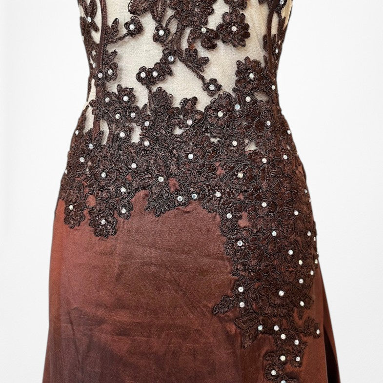Vintage Y2K Brown Satin Lace Mesh Beaded Strapless Side Slit Maxi Prom Dress Size M/L