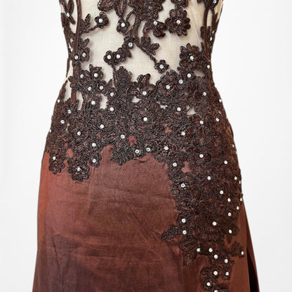 Vintage Y2K Brown Satin Lace Mesh Beaded Strapless Side Slit Maxi Prom Dress Size M/L