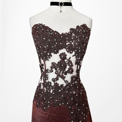 Vintage Y2K Brown Satin Lace Mesh Beaded Strapless Side Slit Maxi Prom Dress Size M/L