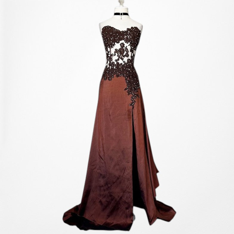 Vintage Y2K Brown Satin Lace Mesh Beaded Strapless Side Slit Maxi Prom Dress Size M/L