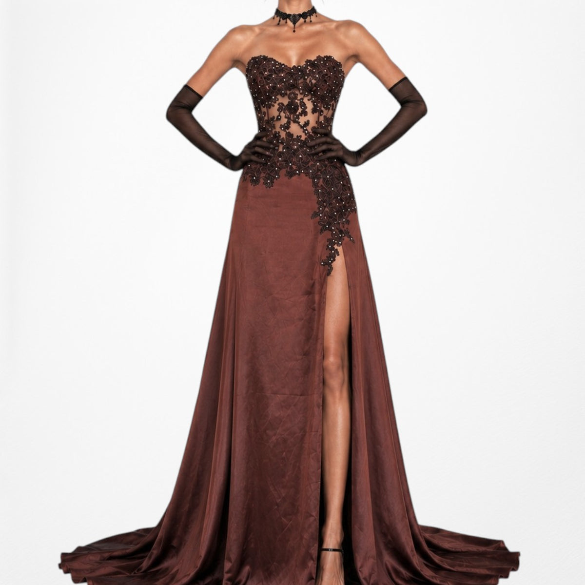 Vintage Y2K Brown Satin Lace Mesh Beaded Strapless Side Slit Maxi Prom Dress Size M/L