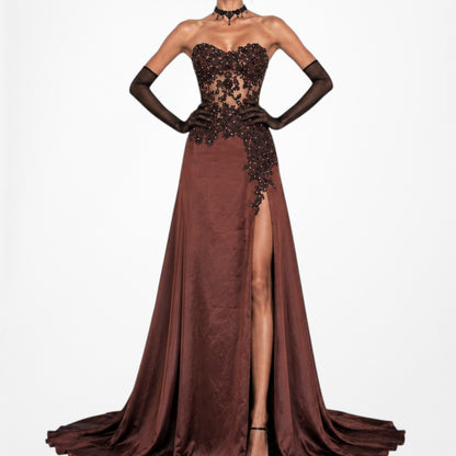 Vintage Y2K Brown Satin Lace Mesh Beaded Strapless Side Slit Maxi Prom Dress Size M/L