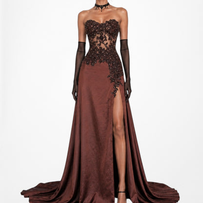 Vintage Y2K Brown Satin Lace Mesh Beaded Strapless Side Slit Maxi Prom Dress Size M/L