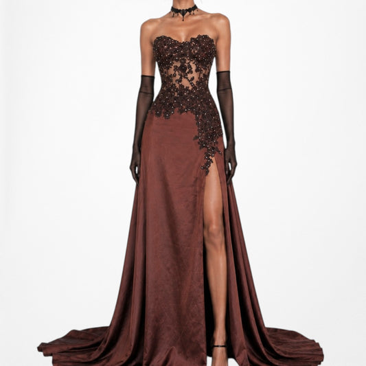 Vintage Y2K Brown Satin Lace Mesh Beaded Strapless Side Slit Maxi Prom Dress Size M/L