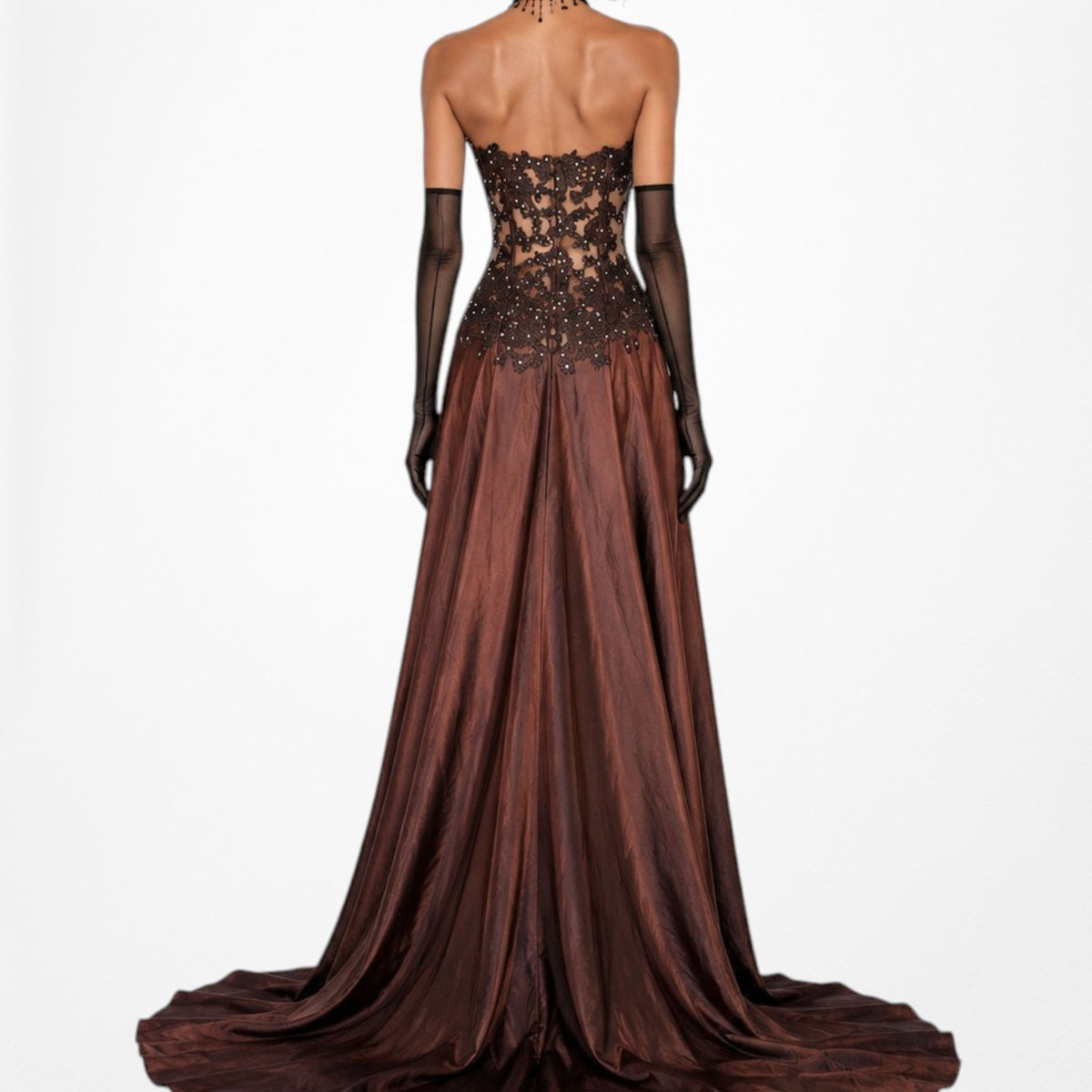Vintage Y2K Brown Satin Lace Mesh Beaded Strapless Side Slit Maxi Prom Dress Size M/L