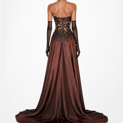 Vintage Y2K Brown Satin Lace Mesh Beaded Strapless Side Slit Maxi Prom Dress Size M/L