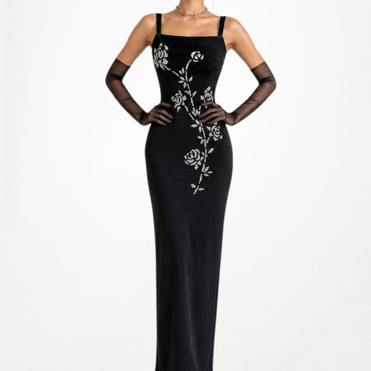 Vintage Black Glitter Floral Embellished Velvet Maxi Bodycon Cocktail Formal Prom Dress Size S
