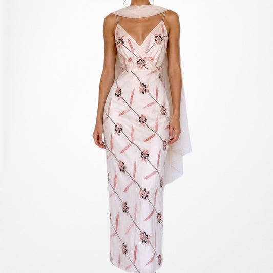 Vintage Pink Silk Floral Beaded Midi Bodycon Formal Cocktail Dress Size S