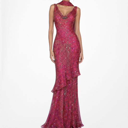 Vintage Y2K Pink Beaded Cowl Neck Silk Bodycon Maxi Prom Dress Size M