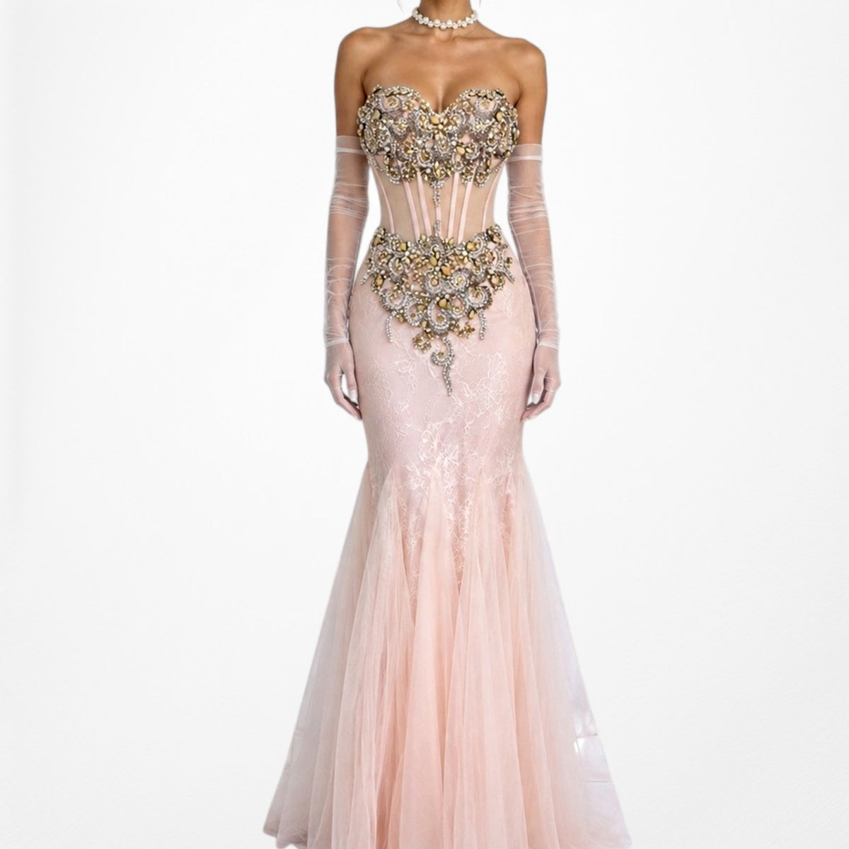 Vintage Pastel Pink Strapless Rhinestone Beaded Maxi Prom Dress Size XS
