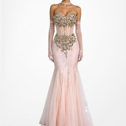 Vintage Pastel Pink Strapless Rhinestone Beaded Maxi Prom Dress Size XS