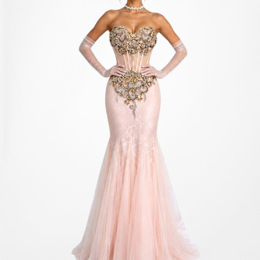 Vintage Pastel Pink Strapless Rhinestone Beaded Maxi Prom Dress Size XS