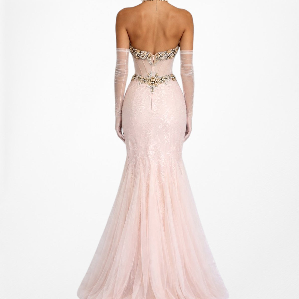 Vintage Pastel Pink Strapless Rhinestone Beaded Maxi Prom Dress Size XS