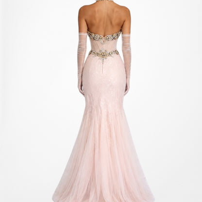 Vintage Pastel Pink Strapless Rhinestone Beaded Maxi Prom Dress Size XS