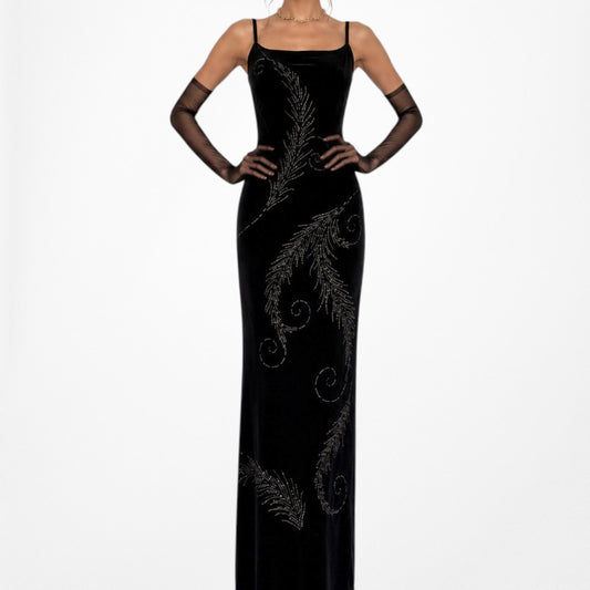 Vintage Black Knit Floral Plant Glitter Maxi Bodycon Formal Prom Dress Size M/L