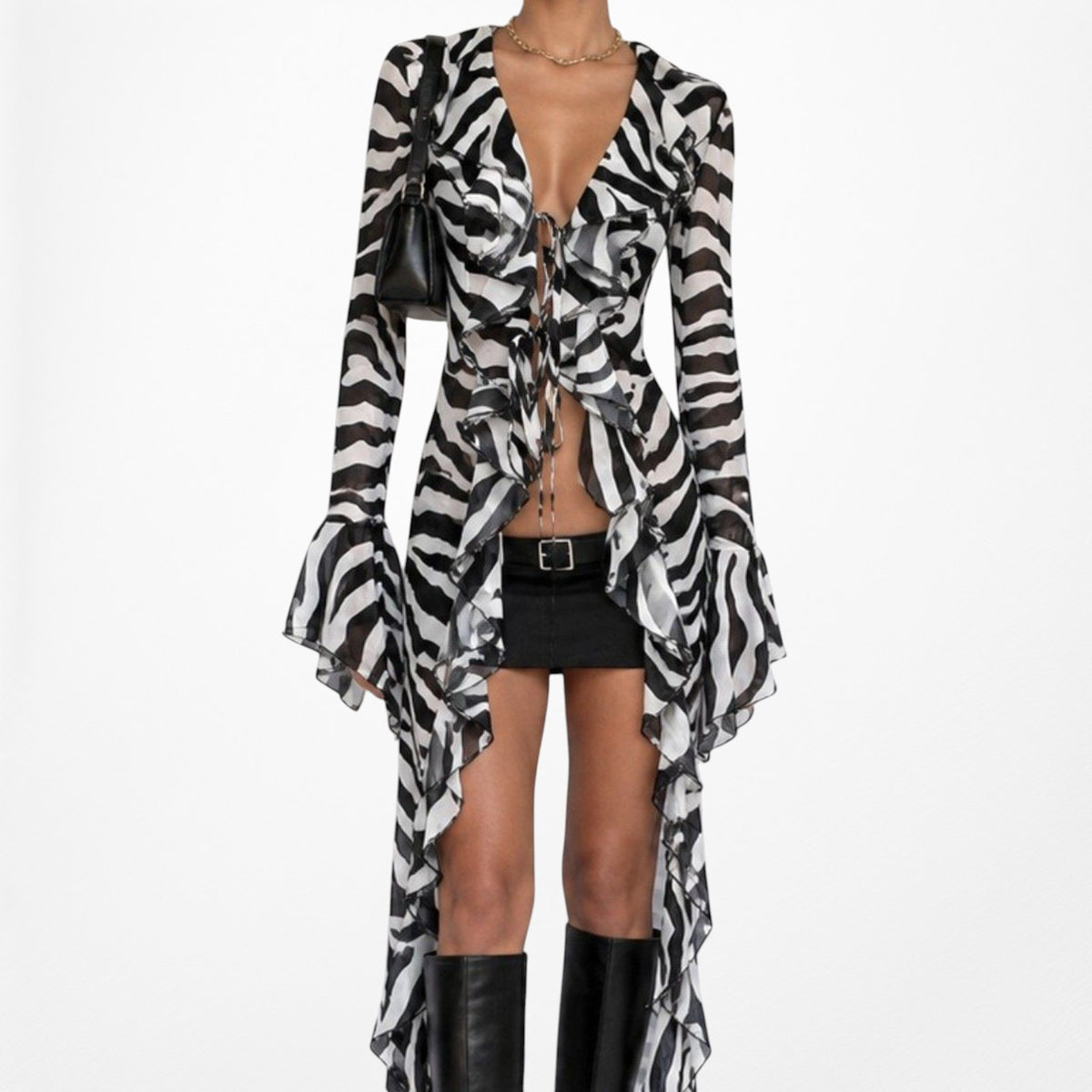 Black White Zebra Print Long Bell Sleeves Ruffle Maxi Cardigan Dress Size S