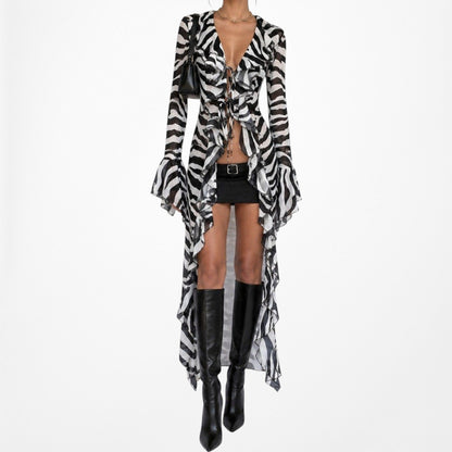Black White Zebra Print Long Bell Sleeves Ruffle Maxi Cardigan Dress Size S