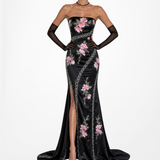 Vintage Black Pink Strapless Floral Beaded Satin Maxi Dress Size S/M