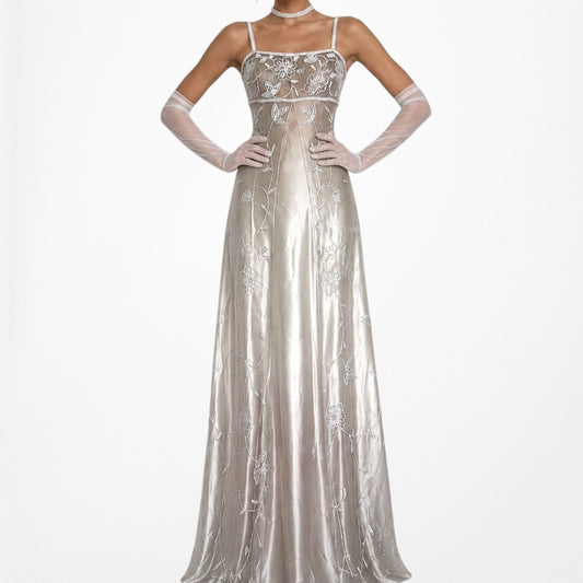 Vintage Y2K Gold Floral Beaded Babydoll Satin Fit Flared Maxi Prom Dress Size S