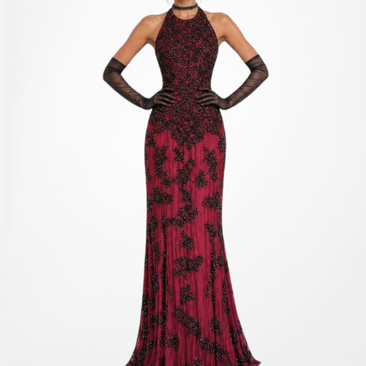 Vintage Burgundy Red Black Floral Beaded Fit Flared Maxi Formal Prom Dress Size S/M