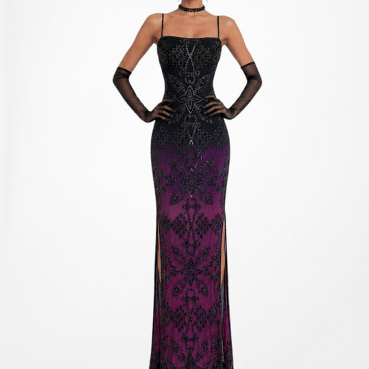 Vintage Black Purple Pink Silk Ombre Maxi Bodycon Beaded Cocktail Formal Prom Dress Size L