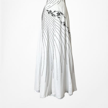 White Strapless Floral Beaded Silk Fit Flared Maxi Formal Prom Dress Size 6/M