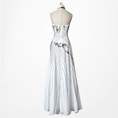 White Strapless Floral Beaded Silk Fit Flared Maxi Formal Prom Dress Size 6/M