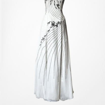 White Strapless Floral Beaded Silk Fit Flared Maxi Formal Prom Dress Size 6/M