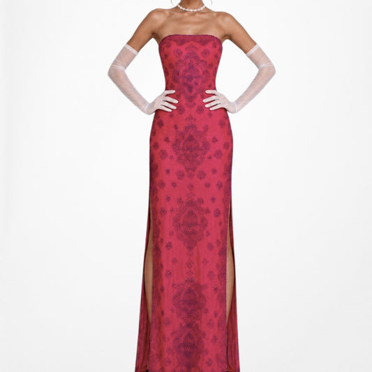 Vintage Pink Strapless Beaded Silk Double Side Slit Formal Prom Maxi Dress S