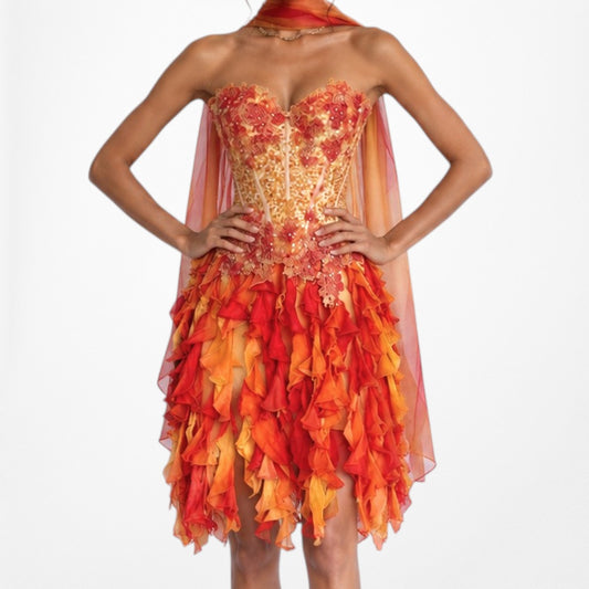 Vintage Orange Yellow Silk Floral Sequin Beaded Ruffle Prom Dress Size XS/S